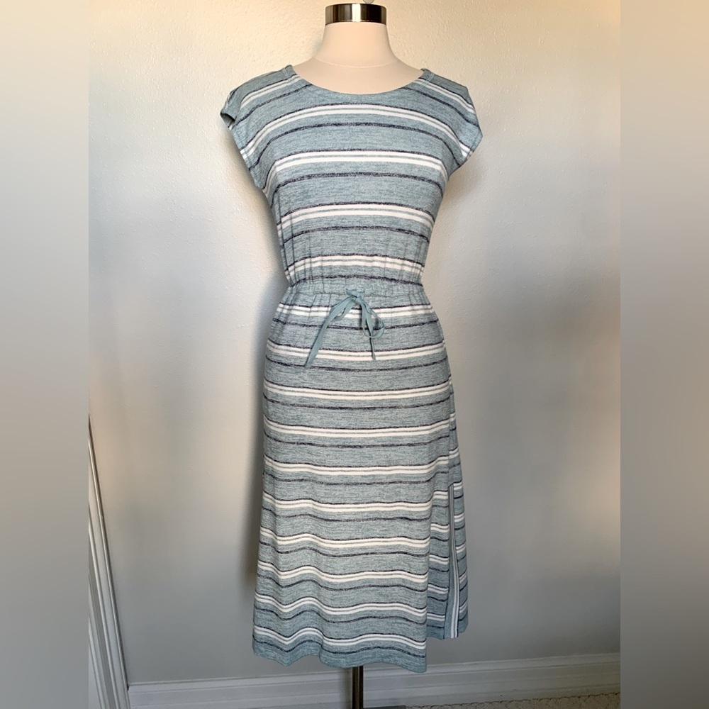 Striped Jersey nit dress with side slit and cap sleeve